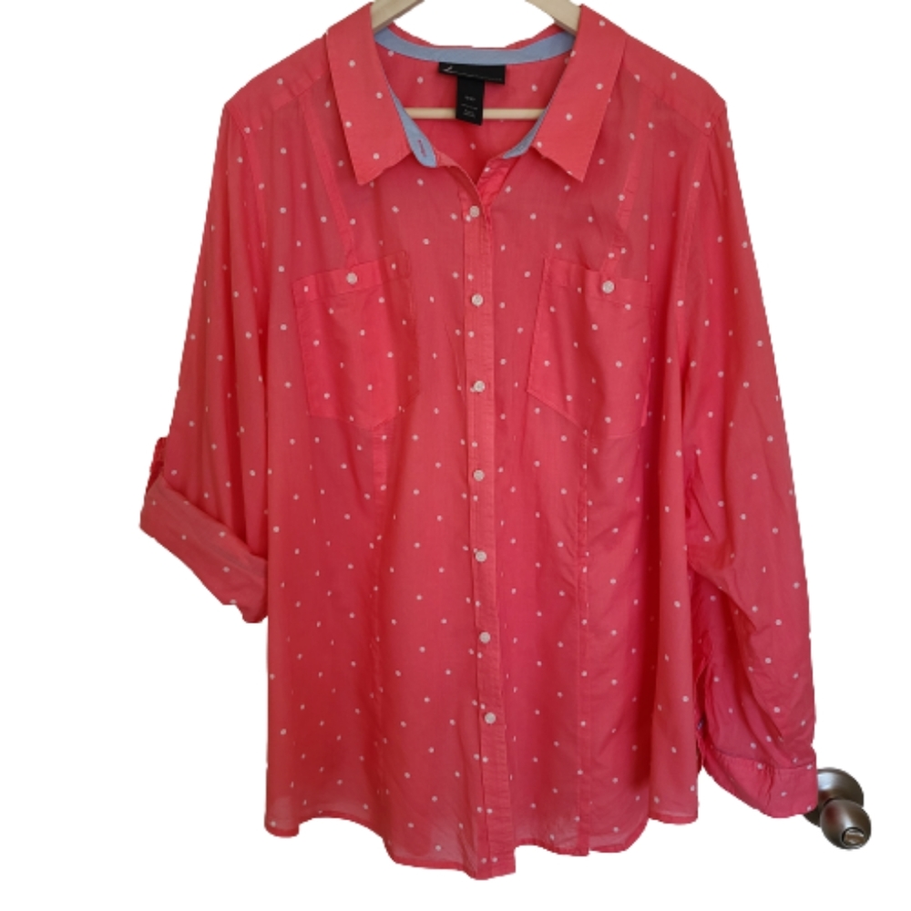 Lane Bryant Woman's Size 18/20 Pink Polka Dot Button Front Blouse